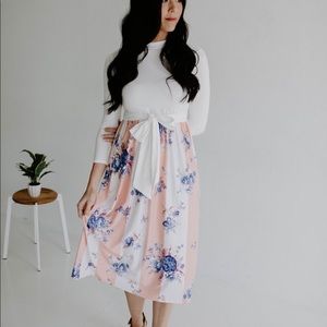 Floral Stripe Contrast Midi Dress with Pockets
